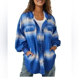 Free People Printed Ruby Shirt Jacket Women's Sz Large NWT  Deep Sea Blue Combo